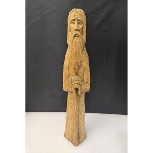 Vintage Hand Carved Wood Statue Moses with Staff Religious Figure Signed 14"